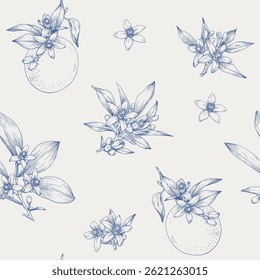Neroli flowering twigs orange, floral seamless pattern. Hand drawn Citrus flowers branch. Blue beige Toile vector botanical illustration for design cosmetic, perfumery, package. Medicinal plant
