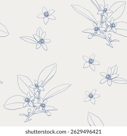 Neroli flowers Line art Vector seamless pattern. Blue beige Citrus twigs. Hand drawn botanical illustrationfor for packaging design, wrapping paper, fashion apparel, wedding, cosmetics, perfumery
