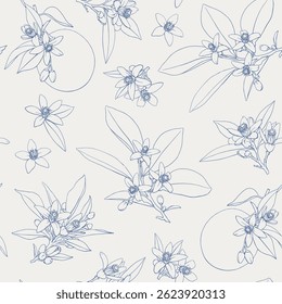 Neroli flowers Linear Vector seamless pattern. Blue beige. Eleganted orange Citrus twigs. Hand drawn botanical illustrationfor for for packaging design, cosmetic, branding, fashion apparel, textile
