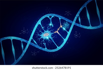 Célula de DNA de células nervosas azul de dupla hélice. Biologia genética sintética combinada. Órgão de anatomia brilhante poligonal. Análise de código timina, adenina, guanina, citosina. Vetor de fundo da ciência médica.