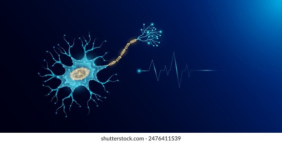 Nerve cell in form style polygon low poly futuristic and pulse wave glowing. Medical science template banner with empty space for text. Vector EPS10 illustration.