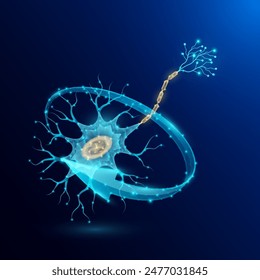 Nerve cell in form style polygon low poly surrounded by arrows glowing on dark blue background. Used for design medical science advertisements. Vector EPS10 illustration.