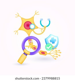 Nerve cell health check up with doctor. Yellow heart pulse in magnifying glass looking kidney diagnosis and shield symbol cross, check mark button. Medical health care. 3d icon cartoon vector.