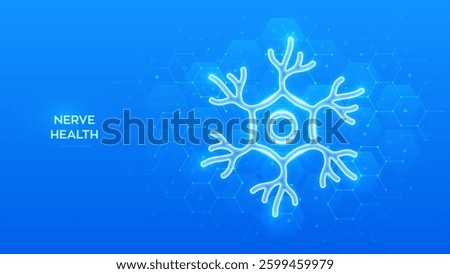 Nerve cell icon. Human neuron cell, unit of the nervous system. Nerve health. Neural communication, brain function. Molecular structure. Blue medical background with hexagons. Vector illustration.