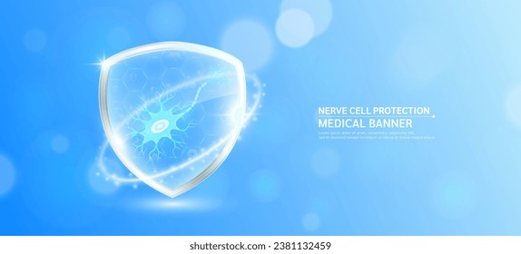 Nerve cell inside glass shield glowing with medical icon sign symbol on blue bokeh lights background. Human anatomy organ translucent. Medical health care innovation immunity protection. Banner vector