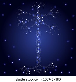 Nerve cell neuron, isolated on blue backdrop with stars, dots, low poly polygon design. Polygonal triangle style illustration of neuron, medical design, study or concept, logo, scientific background