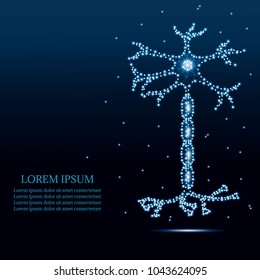 Nerve cell neuron, isolated on blue backdrop with stars, dots, low poly polygon design. Polygonal triangle style illustration of neuron, medical design, study or concept, logo, scientific background