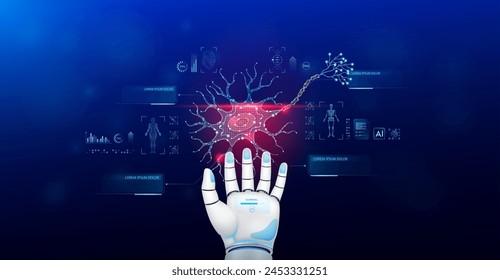 Nerve cell scanning robot doctor diagnose disease on hand. Screen digital interface of system MRI scan of human body organ DNA analysis. Future health care innovation. Medical technology. Vector.