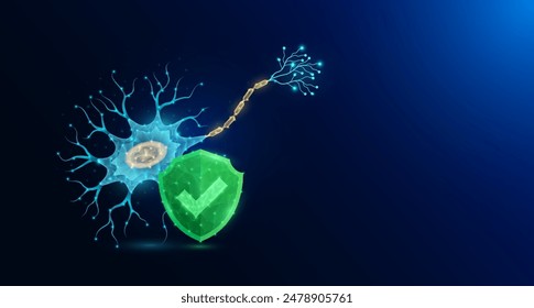 Celda nerviosa en estilo poligonal con marca de verificación en el escudo verde que brilla sobre fondo azul oscuro. Símbolo de protección de la ciencia médica. Anuncio espacio en blanco para texto. Vector EPS10.