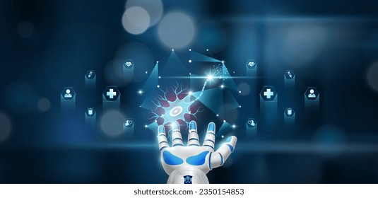 Nerve cells inside cube float in doctor robot hand. Health care system innovative technology medical futuristic AI artificial intelligence cybernetic robotics. Bokeh light background. Vector.