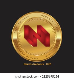 Nervos Network (CKB)crypto Currency Token Logo in rotem Farbkonzept auf Goldmünze einzeln auf schwarzem Hintergrund. Vektorgrafik-Design für kryptographische Nachrichten, Poster, Banner, Web- und Finanzartikel.