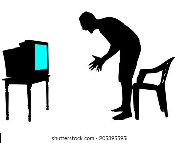 nervous and angry man watching tv, vector