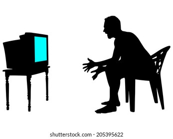 nervous and angry man watching tv, vector