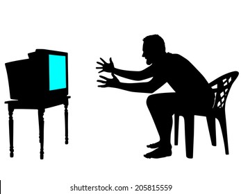 nervous and angry man watching tv, vector 