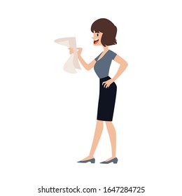 Nervous angry woman employee in office clothes is stressful, clutching a document in her hands, cursing and screaming. The concept of stress and chaos in the office, vector flat illustration.