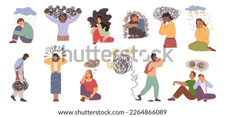 Nervous and anxious people with messed up and mixed feelings and thoughts. Characters concerned or worried, overthinking men and women. Vector in flat style