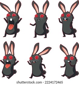 Nervous black rabbit in different poses and expressions set.