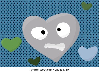 Nervous blue heart face cartoon over halftone
