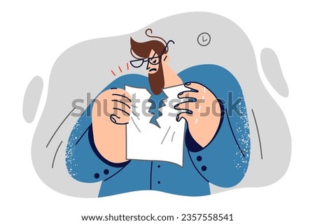 Nervous business man breaks contract, not wanting to fulfill obligations that do not bring profit. Angry businessman destroying contract or financial documents with calculation errors