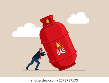 Nervous businessman trying to stop gas cylinder it fall. Commodities price for trading and investment. Flat vector illustration