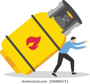 Nervous businessman trying to stop gas cylinder it fall. Commodities price for trading and investment. Flat vector illustration

