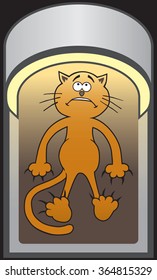 Nervous cartoon cat undergoing CT scan