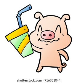 nervous cartoon pig with huge soda