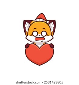 Nervous Christmas Fox Holding Heart Symbol, Scared Fox with Heart Icon, best for logos, for icons in your designs, best for t-shirt designs