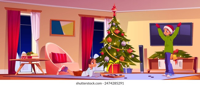 Nervous couple in room on Christmas eve. Vector cartoon illustration of anxious young man waving hands, sad woman lying on floor, Xmas tree decorated with toys and garland, gift boxes in living room