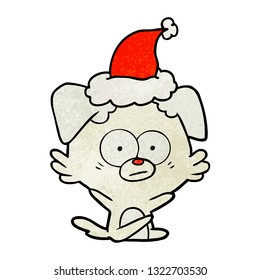 nervous dog hand drawn textured cartoon of a wearing santa hat