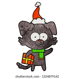 nervous dog hand drawn textured cartoon of a with gift wearing santa hat