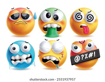 Nervous emoji vector characters set. Emojis 3d clip art like unwell, vomit, dizzy, cold, drooling and angry facial expressions character elements. Vector illustration nervous emoji collection.
