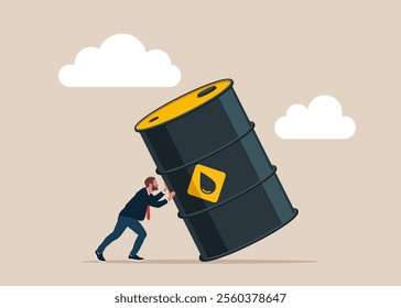 Nervous entrepreneur trying to stop barrel oil or diesel before it fall. Commodities price for trading and investment, Agriculture Rice, Crude oil. Flat vector illustration