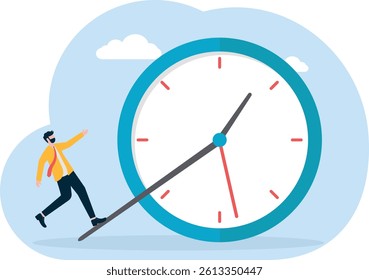Nervous entrepreneur trying to stop hourglass or sandglass before it fall. Project deadline,

