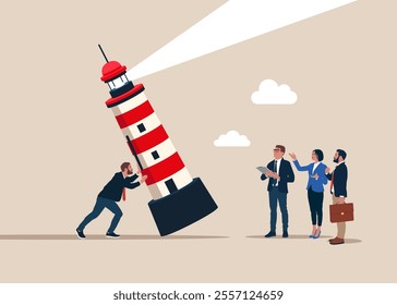 Nervous entrepreneur trying to stop lighthouse before it fall. Search ideas for business. Strategy and corporate goal concept with lighthouse. Modern vector illustration in flat style