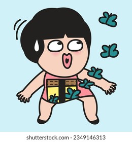 Nervous Excited Girl Looking At Butterfly Fly Out Of Her Window Of Stomach. Uncomfortable Or Stressful Situation From A New Love Interest Concept Card Character illustration