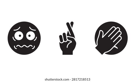 Nervous face crossed fingers and stop hand icon set