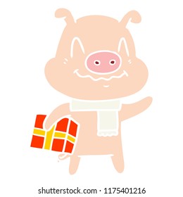 nervous flat color style cartoon pig with present