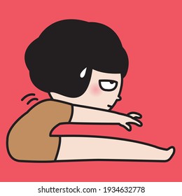 Nervous Girl With abnormal Long Legs Can't Touch Toes. Mega Inflexible Person Concept Card Character illustartion
