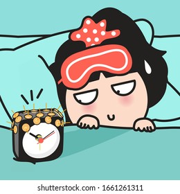 Nervous Girl In Bed Wake Up From The Alarm Clocks With Paper Pins Or Golden Brass Metal Pins Stick On it. Tips To Stop Hitting The Snooze Button Concept Card Character illustration