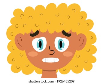 Nervous girl face. Scared kid clipart. Depression emotion. Emotional expression head close-up. Feeling concept vector illustration