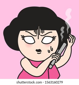 Nervous Girl Feeling Burned Smell After Using A Ceramic Flat Iron Or Straightener For Her Curly Hair Concept Card Character illustration