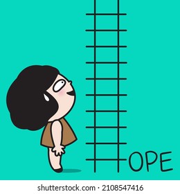 Nervous Girl Look Up To The Ladder Of Hope Concept Card Character illustration