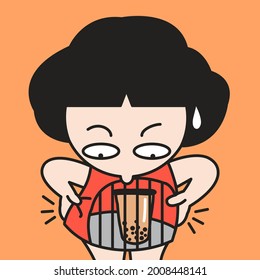 Nervous Girl is pinching A Cup Of Bubble Milk Tea In Cage Inside Her Belly Fat Concept Card Character illustration