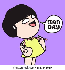 Nervous Girl Strangles Herself With A Necklace  While Talking Word Monday In Speech Bubble Concept Card Character illustration