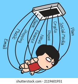 Nervous Girl Tied To The Line Of A Smartphone Shaped Parachute. Depending Upon Technology Gadget To Survive Concept Card Character illustration