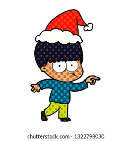 nervous hand drawn comic book style illustration of a boy wearing santa hat