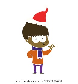 nervöse, handgezeichnete, flache Illustration eines Jungen mit Santa-Hut