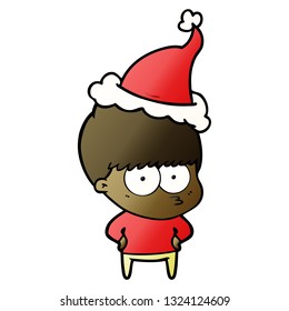 nervous hand drawn gradient cartoon of a boy wearing santa hat