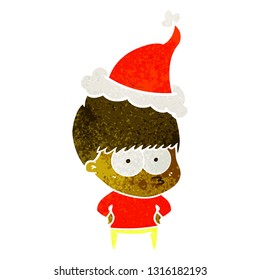 nervous hand drawn retro cartoon of a boy wearing santa hat